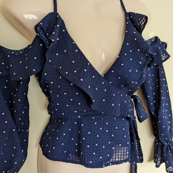 RUNAWAY polka dot blue and white off the cold shoulder ruffled wrap top blouse s - Picture 7 of 16
